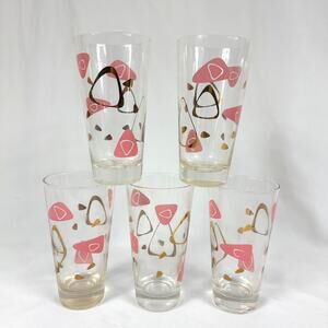 Vintage Federal Glass Pink & Gold Amoeba Boomerang 12 oz Drink Tumblers Set of 5